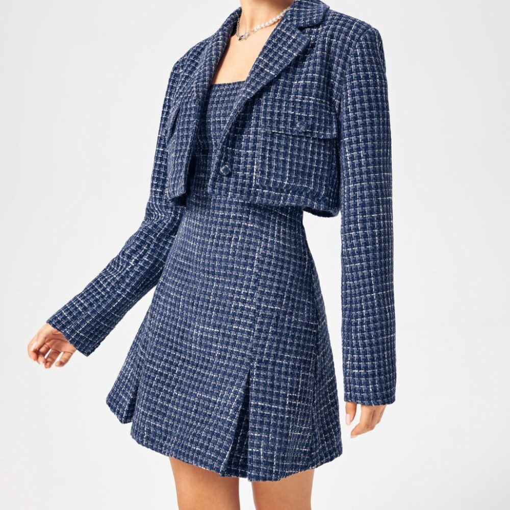 Tweed Sleeveless Split Dress with Tweed Notched Collar Long Sleeve Crop Blazer